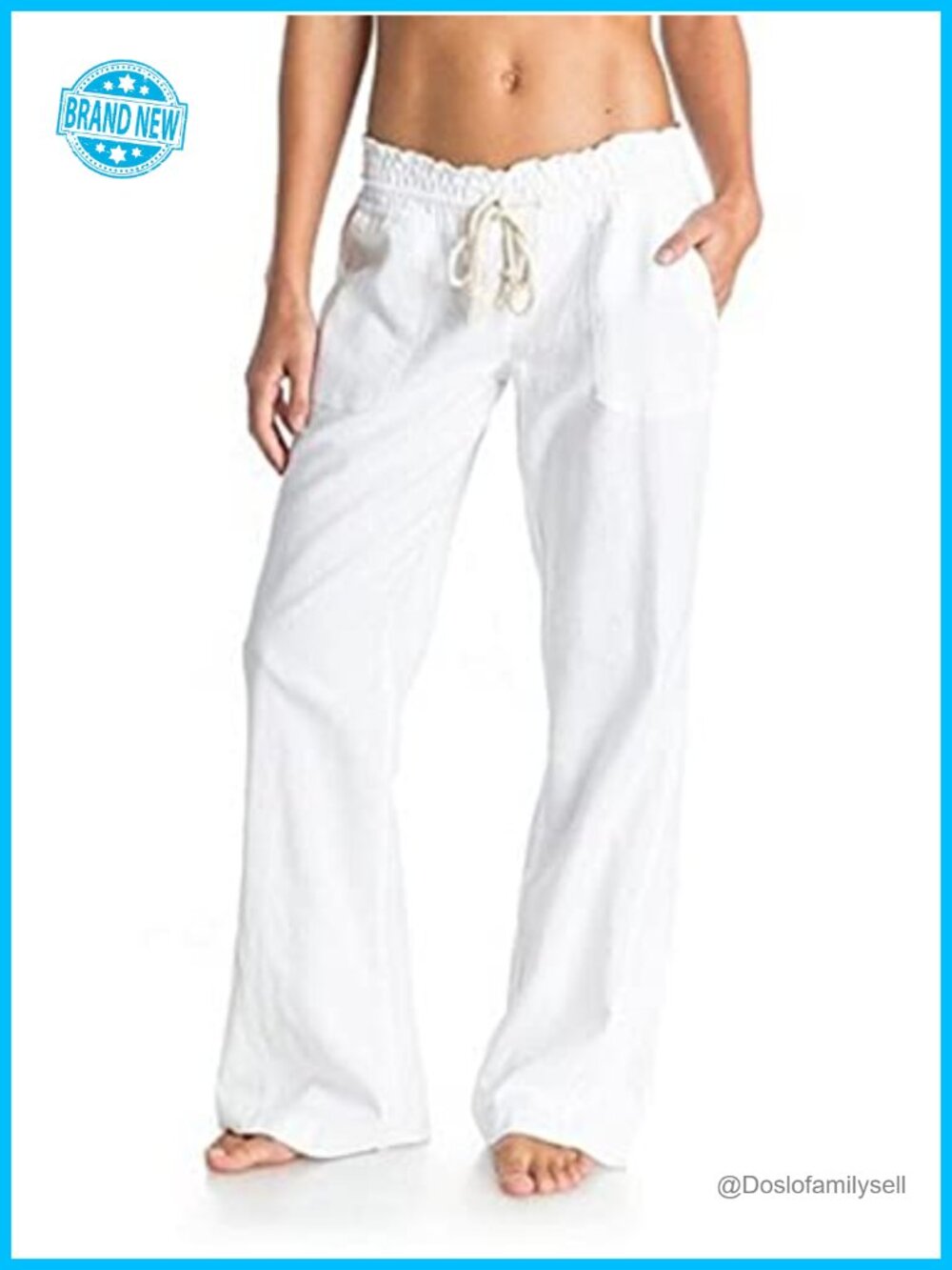 Linen Blend Flared Pants with Elastic Drawstring Waist Pockets
